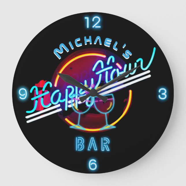 Fun Personalized Mancave Bar Den Happy Hour  Large Clock (Front)