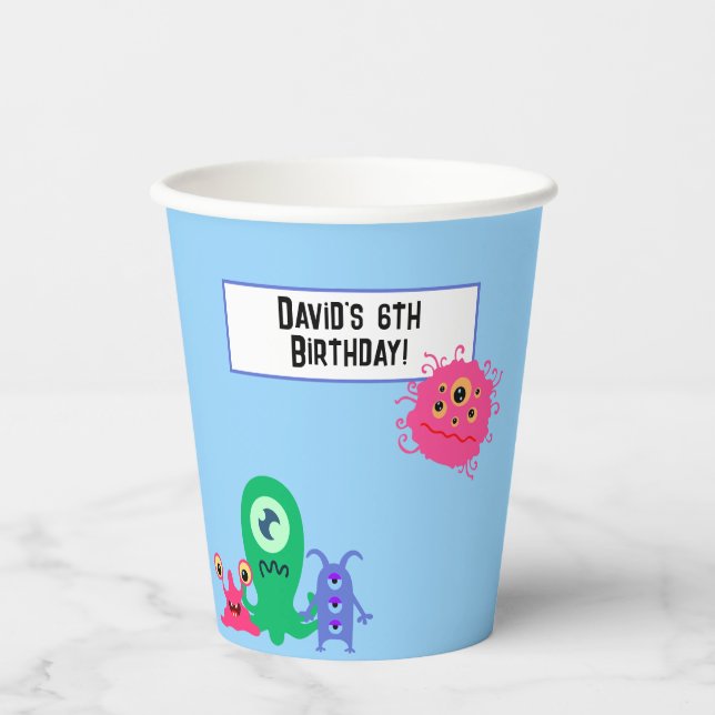 Fun Personalized Monster Cartoon Birthday Paper Cups (Front)