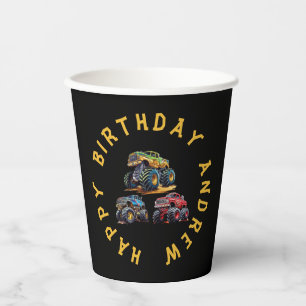 Fun personalized monster truck kids birthday paper cups