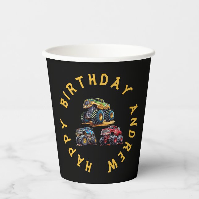 Fun personalized monster truck kids birthday  paper cups (Front)