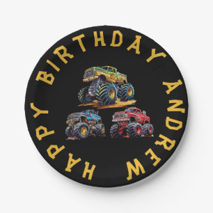 Fun personalized monster truck kids birthday  paper plate