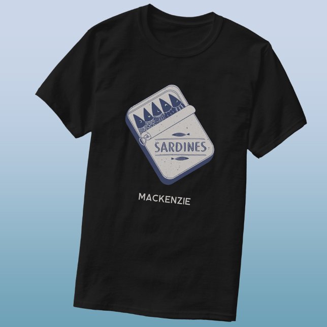 Fun Personalized Name Sardine Tin T-Shirt (Fun tin of sardines Lino block print personalized custom name t-shirt)