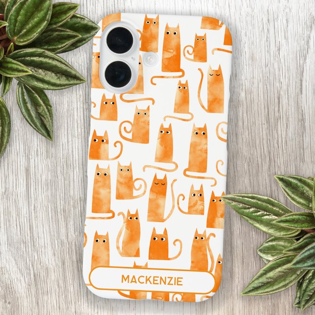 Fun Personalized Orange Cat Case-Mate iPhone Case (Fun and quirky personalized custom name watercolor orange ginger cat pattern mouse mat)
