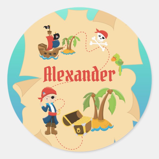 Fun Personalized Pirate Boy Treasure Map Classic Round Sticker (Front)