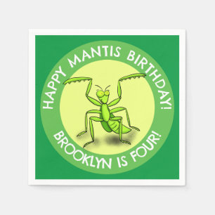Fun personalized praying mantis cartoon birthday napkin