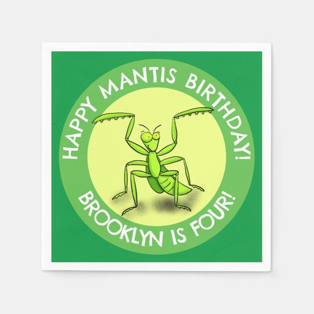 Fun personalized praying mantis cartoon birthday napkin (Front)