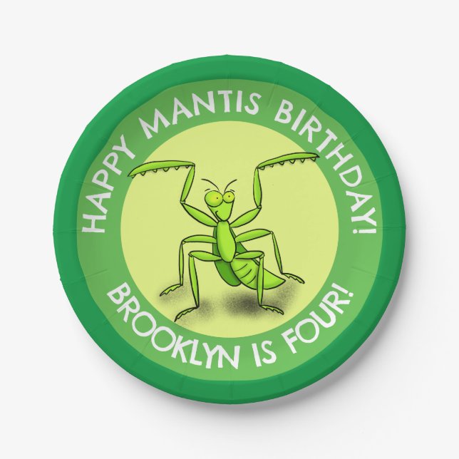 Fun personalized praying mantis cartoon birthday paper plate (Front)