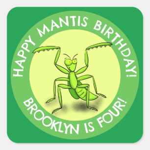 Fun personalized praying mantis cartoon birthday square sticker