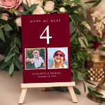 Fun Photo Burgundy Red Wedding Table Number<br><div class="desc">Have some fun with your wedding reception decor with these burgundy red table number cards where each table number corresponds to photos of the bride and groom at the same age. For example, for Table 4, personalize the table number with "4" and add photos of the bride and groom when...</div>