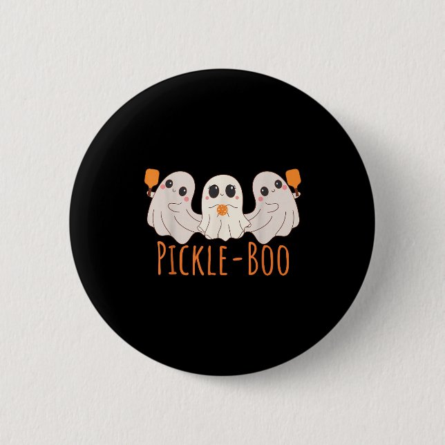Fun pickle-boo ghost playing pickleball halloween 2 inch round button (Front)
