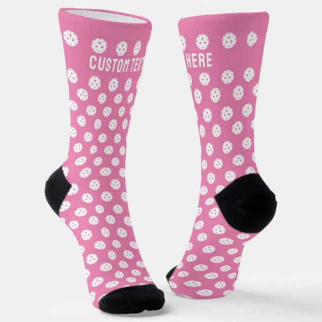 Fun Pickleball Pattern Pink White Sports Balls Socks (Angled)