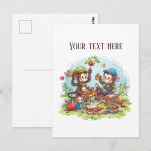 Fun picnic monkeys add text  postcard
