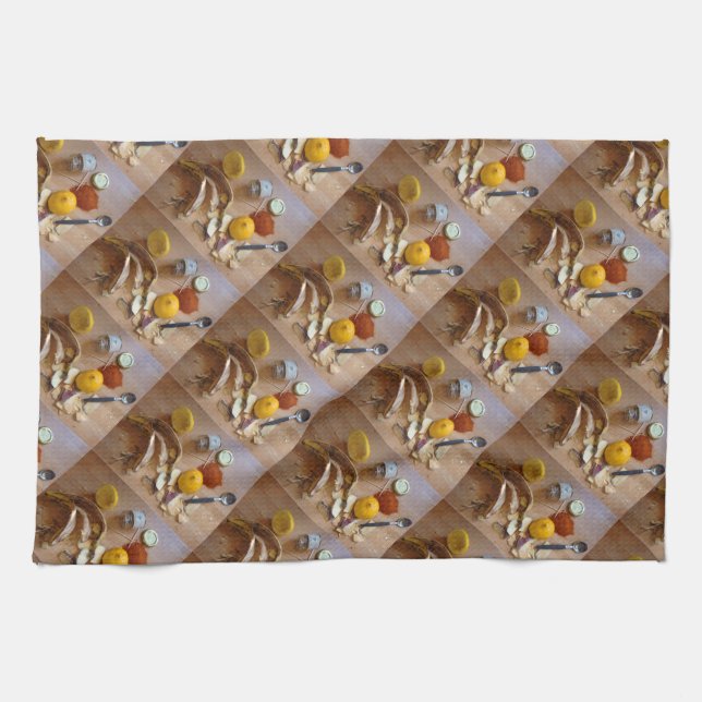 fun picture of chopped veg prep for dinner kitchen towel (Horizontal)