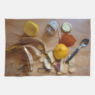 fun picture of cooking ingredientsfor dinner kitchen towel