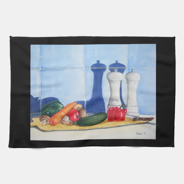 fun picture of vegatables on chopping board kitchen towel (Horizontal)