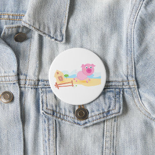 Fun Pig on Farm with Barn and Fence 3 Inch Round Button