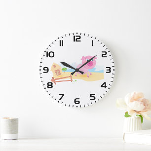 Fun Pig on Farm with Barn and Fence Large Clock