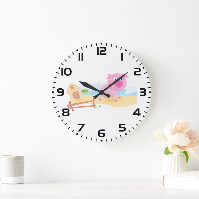 Fun Pig on Farm with Barn and Fence Large Clock (Creator Uploaded)