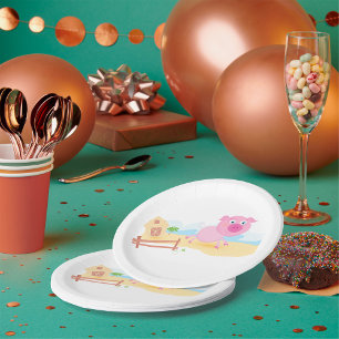 Fun Pig on Farm with Barn and Fence Paper Plate