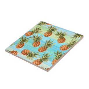 Fun Pineapple Fruit Pattern Watercolor Art Stripes Tile