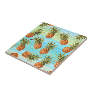 Fun Pineapple Fruit Pattern Watercolor Art Stripes Tile