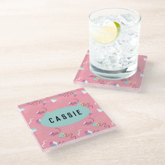 Fun Pink 1990s Throwback Graphics Glass Coaster (Angled)