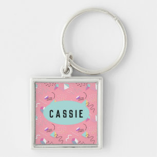 Fun Pink 1990s Throwback Graphics Keychain