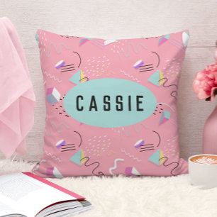 Fun Pink 1990s Throwback Graphics Throw Pillow
