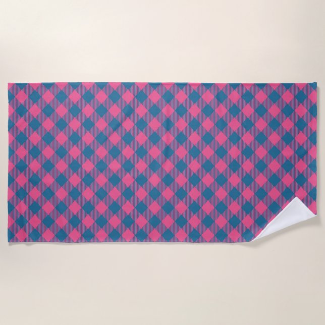Fun Pink And Blue Tartan  Beach Towel (Front)
