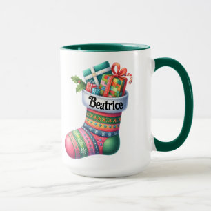 Fun Pink and Green Christmas Stocking Customizable Mug