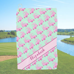 Fun pink and green golf cart personalized name golf towel
