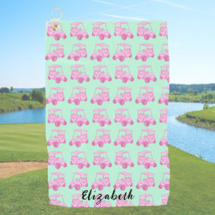 Fun pink and green golf cart personalized name towel