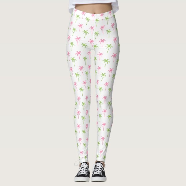 Fun Pink and Green Palm Trees Pattern Leggings (Front)
