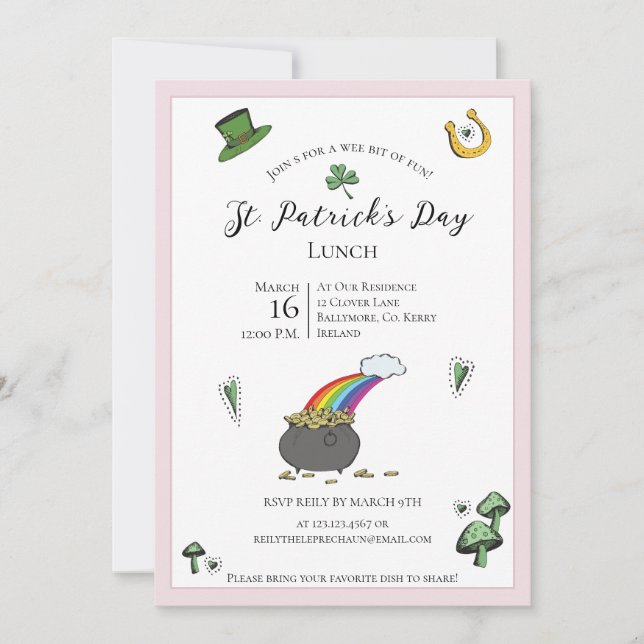 Fun Pink and Green St Patricks Day Lunch Invitation (Front)