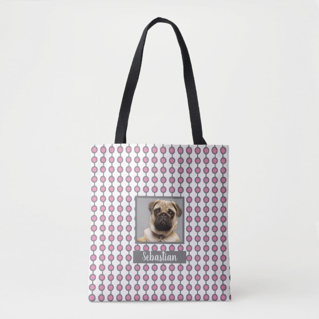 Fun Pink and Grey Geometric Dot Pattern Pet Photo Tote Bag (Front)