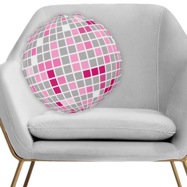 Fun Pink and Red Disco Ball  Round Pillow (Disco ball pillow in pink and red adds a fun party atmosphere to any room.)