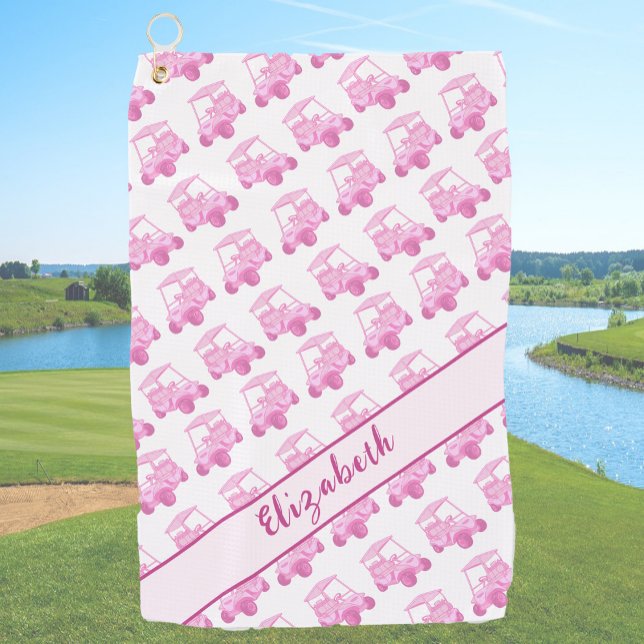 Fun pink and white golf cart personalized name golf towel (Creator Uploaded)