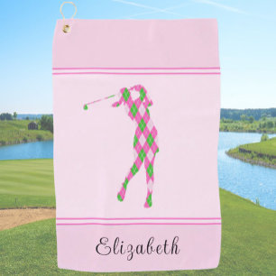 Fun Pink Argyle Lady Golfer Personalized Womens Golf Towel