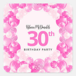Fun Pink Balloons Faux Glitter 30th Birthday Party Square Sticker