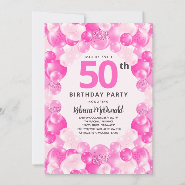 Fun Pink Balloons Faux Glitter 50th Birthday Party Invitation (Front)