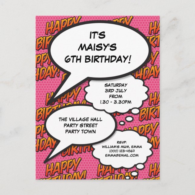 Fun Pink Birthday Party Modern Comic Photo Invitation Postcard (Front)