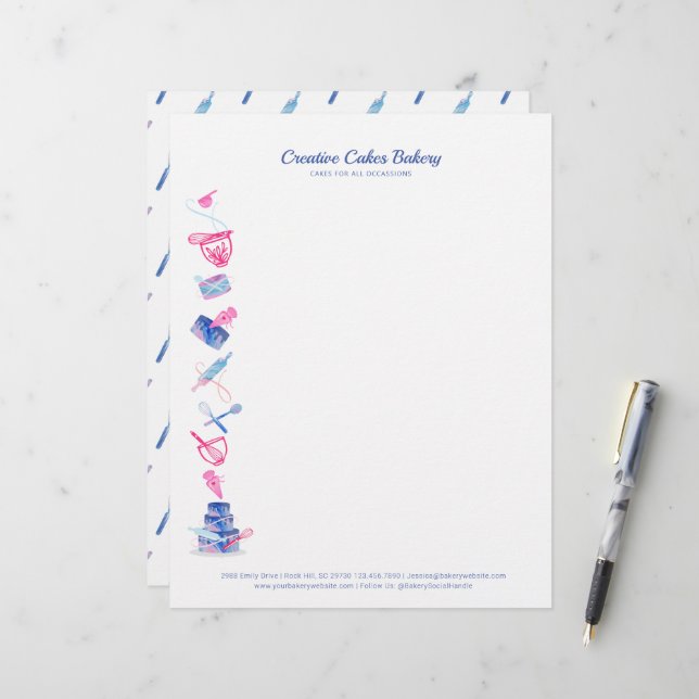 Fun Pink & Blue Bakery Cake Shop Baking Tools Letterhead (Front/Back In Situ)