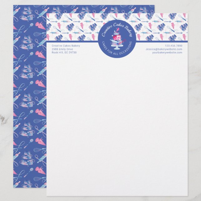 Fun Pink & Blue Marble Bakery Cake & Tools Logo Letterhead (Front/Back)