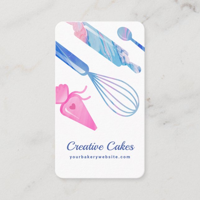Fun Pink Blue Marble Bakery Tools & Utensils White Business Card (Front)