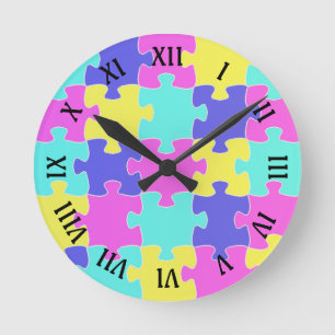 Fun Pink Blue Yellow & Purple Jigsaw Puzzle Pieces Round Clock