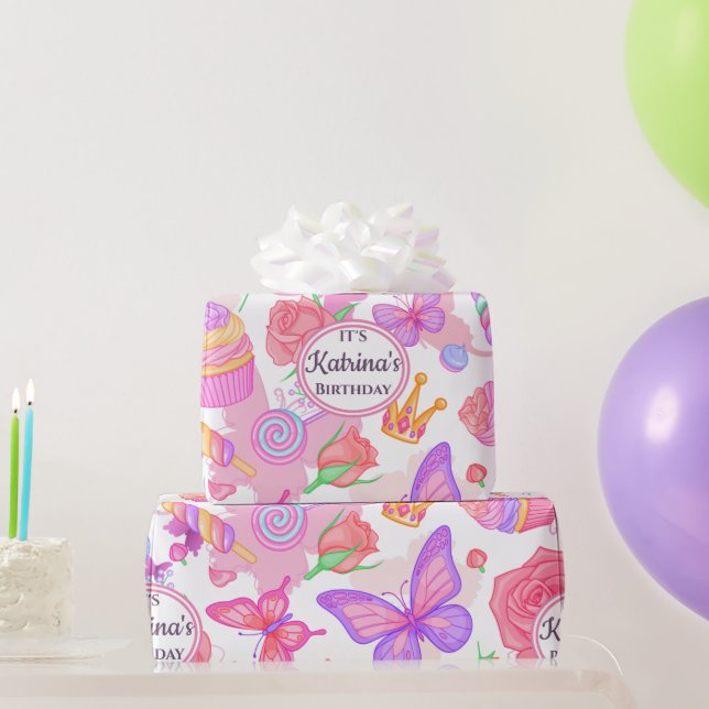 Fun Pink Butterfly, Cupcake, Candy Pattern Wrapping Paper (Party Gifts)