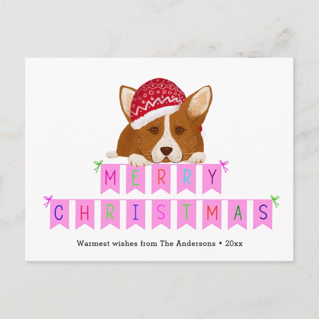 Fun Pink Christmas Bunting Banner Red Hat Corgi Postcard (Front)