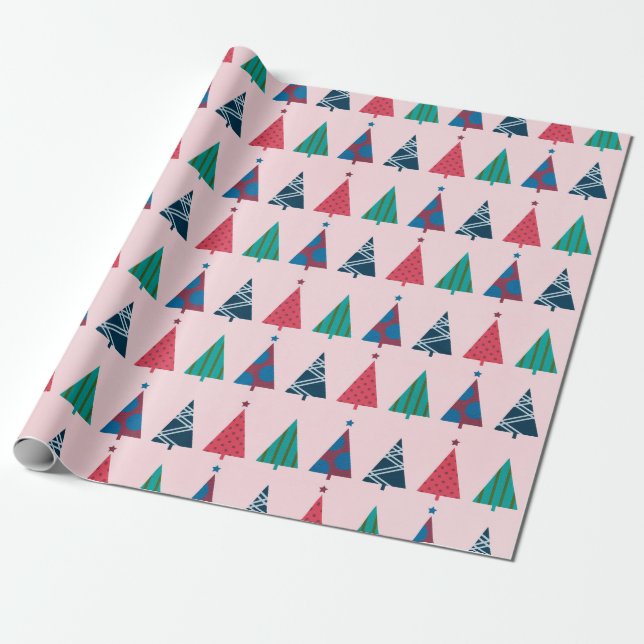 Fun Pink Christmas Tree Pattern Holiday Wrapping Paper (Unrolled)
