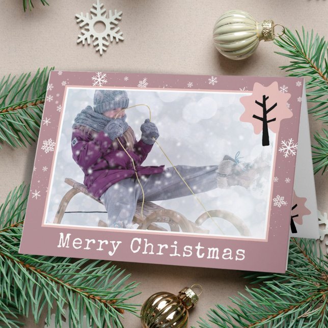 Fun Pink Christmas Tree Snowflakes Photo Holiday Card (Creator Uploaded)