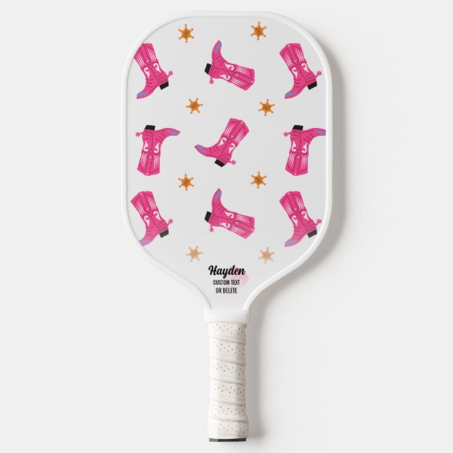Fun Pink Cowboy Boots Gold Stars Custom Text Pickleball Paddle (Front)
